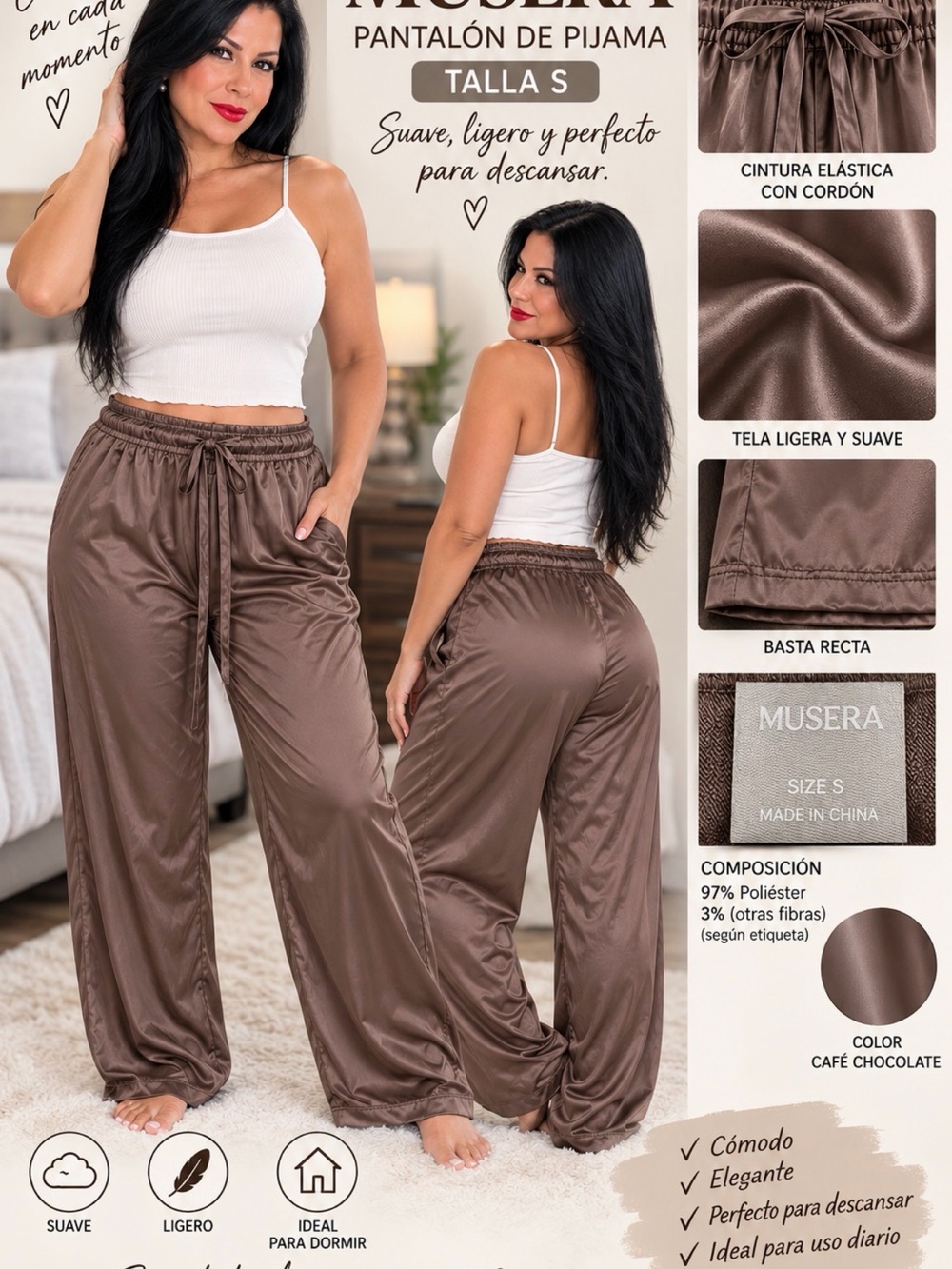Muse Wide-Leg Satin Pajama Pants in Chocolate Brown